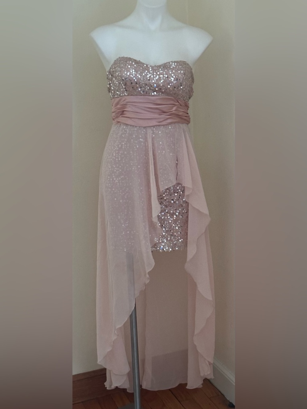 SPEECHLESS Sheer Blush Pink Empire Waist Sequin Strapless High-Low Dress Sz. S/M